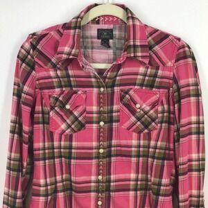 Lucky Brand Dungarees Pink Plaid Snap Western Shirt Embroidered Trim Vtg Size S